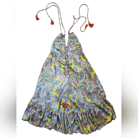Kasturi Vintage Silk Dress Tassle Open Back Halter Paisley Boho Made in India - Picture 1 of 9
